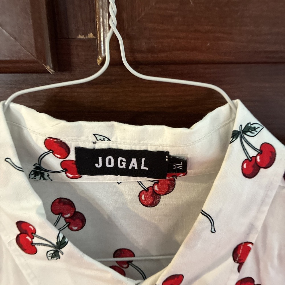 Jogal Men's Short Sleeve Button Up Cherry Print Collard White Shirt Size: XL - Picture 3 of 10